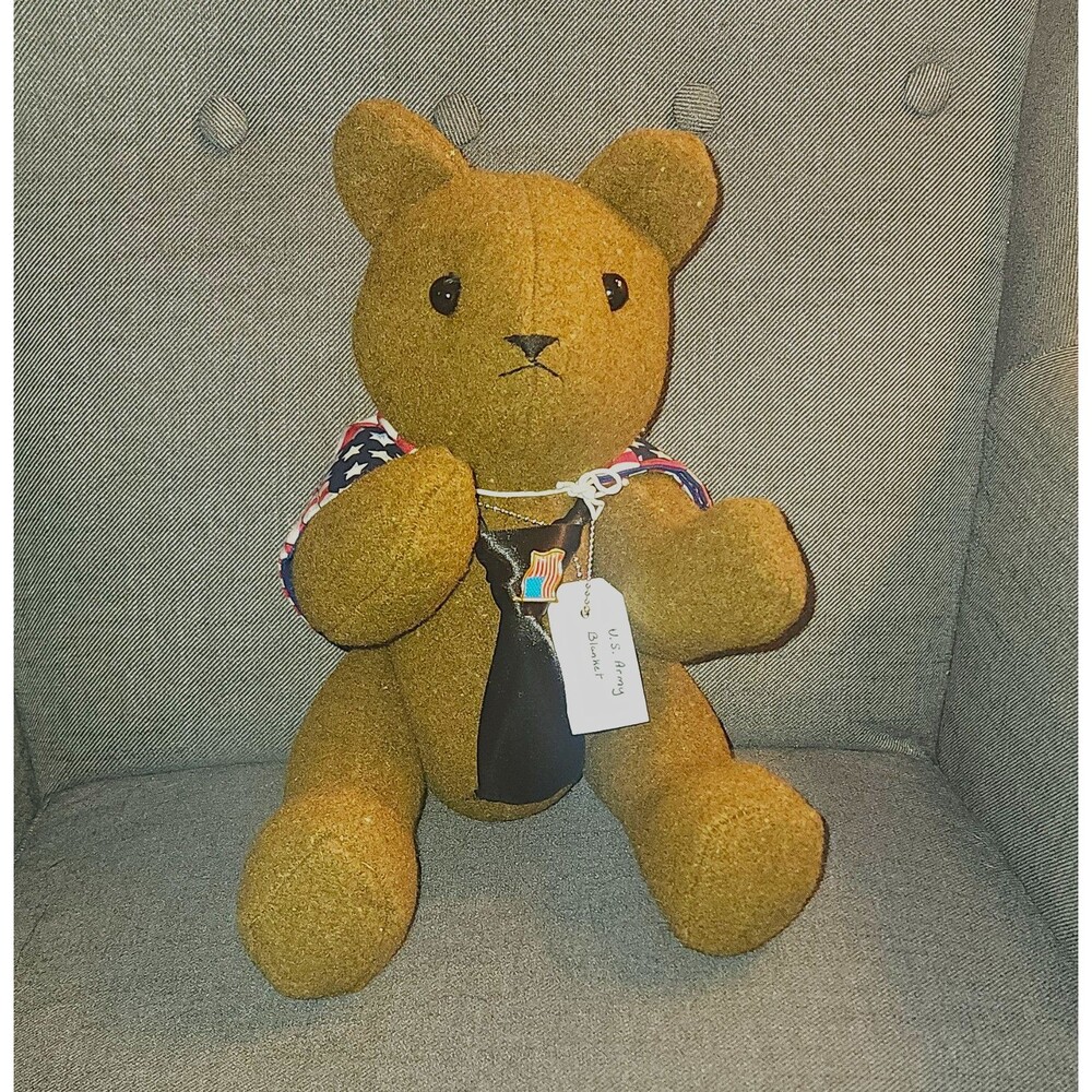 GI Jointed Teddy Bear Constructed From Green Wool Army Blanket Tie, Pin, Bandana
